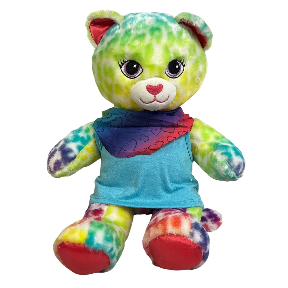 Build a Bear Workshop Multicolor Tie Dye Leopard Plush Bear Blue Shirt‎ Bandana